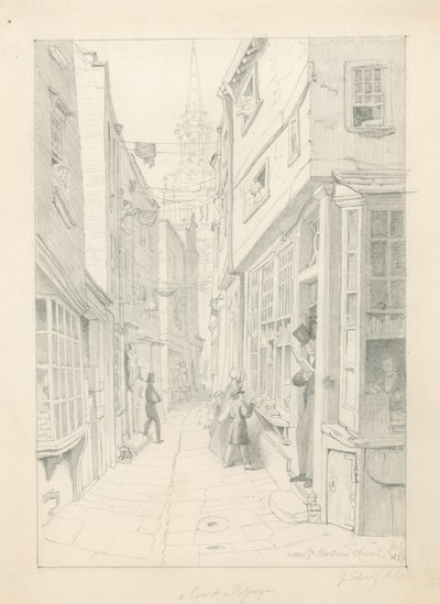 Ein Hof oder Durchgang in der Nähe der St. Martins Church, London, Juli 1828 von English School