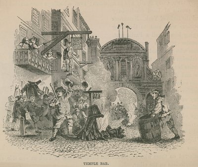 Eine Menschenmenge entzündet ein Lagerfeuer vor Temple Bar von English School