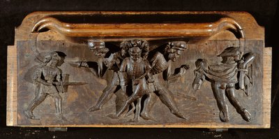 Eine beschädigte Miserikordie, die drei Männer zeigt, die mit Dolchen und Schwertern kämpfen, New College Chapel, Oxford, spätes 14. Jahrhundert von English School