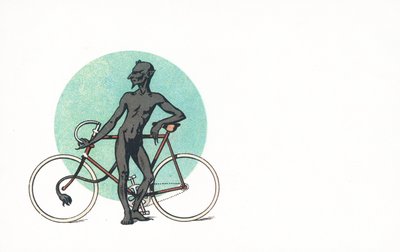 Eine teuflische Figur neben einem Fahrrad von English School