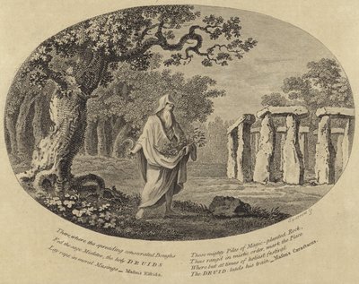 Ein Druide schneidet mit einer Sense neben einem alten Denkmal von English School