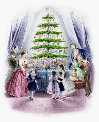 Eine Familie steht um einen Weihnachtsbaum (farbige Gravur) von English School