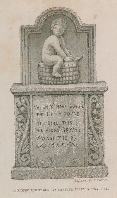 Eine Figur und Tafel in Pannier Alley, Newgate Street von English School