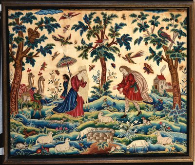 Ein feines Nadelarbeitsbild, bestickt mit Wolle und Seide, wahrscheinlich das Treffen von Jakob und Rahel am Brunnen darstellend von English School