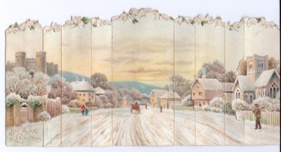 Faltbare viktorianische Weihnachtskarte eines Schlosses und einer Kirche und eines Mannes, der im Schnee eine Schaufel trägt, ca. 1880 von English School