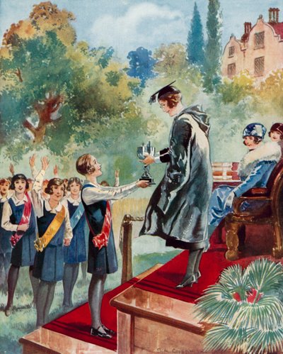 Ein Triumph der vierten Klasse: ein Schulmädchen erhält eine Trophäe von English School