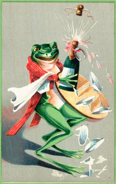 Ein Frosch trägt ein Tablett mit Gläsern und einer Champagnerflasche von English School