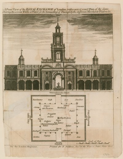 Eine Vorderansicht der Royal Exchange von London mit einem neuen und genauen Plan derselben von English School