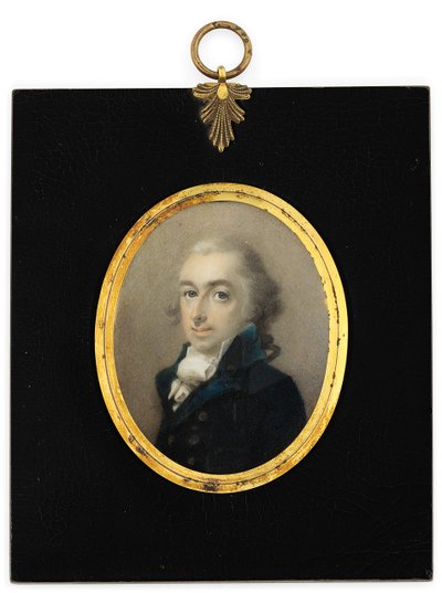 Ein Herr namens Pryce Edwards in blauem Mantel, weißem Krawatte und gepuderter Perücke von English School
