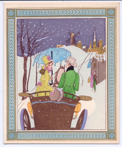 Eine handkolorierte französische Pochoir-Weihnachtskarte eines Rencecy-Paares in einer offenen Kutsche, die durch den Schnee fährt, ca. 1920 von English School