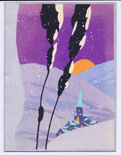 Eine handkolorierte französische Pochoir-Weihnachtskarte mit einer Schneeszene in den Bergen bei Sonnenuntergang und einer Kirche, um 1920 von English School