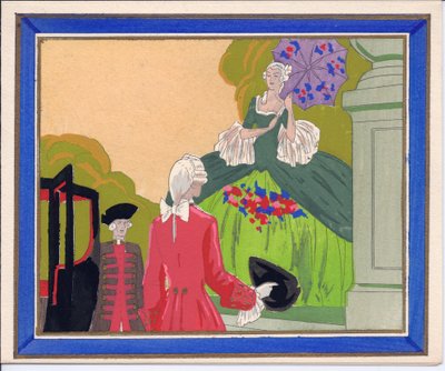 Eine handkolorierte französische Pochoir-Grußkarte von einem gepuderten Mann und einem Diener, die darauf warten, dass eine große Dame in ihre Kutsche einsteigt, um 1920 von English School