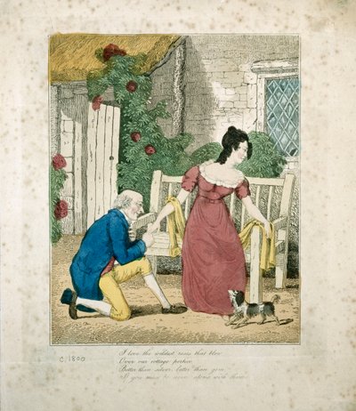 Handkolorierte lithografierte Szene eines Heiratsantrags, ca. 1800 von English School