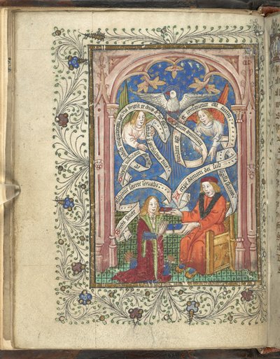 Ein kniender Schüler, möglicherweise der Autor, Norton, der ein Buch von seinem Meister erhält, mit Engeln, Schriftrollen und einer Taube darüber. Ordinal der Alchemie. Thomas Norton, 4. Viertel des 15. Jahrhunderts von English School