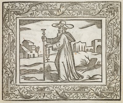 Ein Mann, der einen Stab und ein Kruzifix hält, Illustration aus 