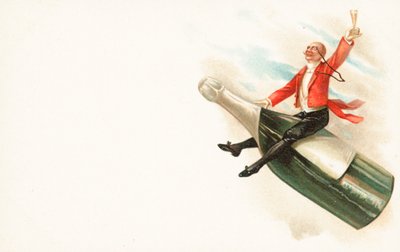 Ein Mann reitet auf dem Hals einer Champagnerflasche von English School