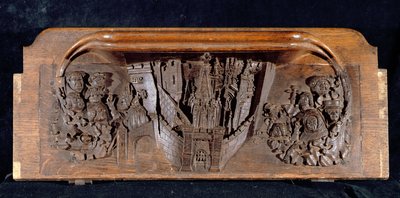 Eine Miserikordie, die eine ummauerte Stadt mit einem Tor und hochgezogenem Fallgitter darstellt, New College Chapel, Oxford, spätes 14. Jahrhundert von English School