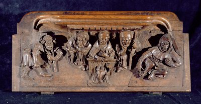 Eine Miserikordie, die einen Akademiker zeigt, der an einem Pult einem knienden Büßer eine Ermahnung erteilt, New College Chapel, Oxford, spätes 14. Jahrhundert von English School