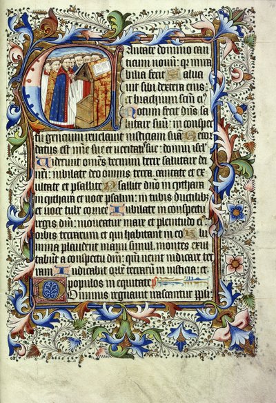 Eine Seite aus einem Psalter auf Latein mit einer Initiale, die eine Gruppe von Mönchen vor einem Lesepult zeigt, ca. 1455 von English School