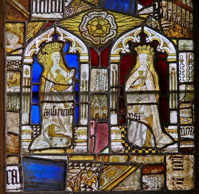Die Kardinaltugenden: Barmherzigkeit (Misericordia) und Frieden (Pax) und eine weiße Rose von English School