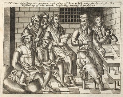 Ein Bild, das die Art und den Ort derjenigen beschreibt, die wegen des Zeugnisses der Wahrheit in Fesseln waren und untereinander konferierten, Illustration aus Acts and Monuments von John Foxe, neunte Ausgabe, veröffentlicht 1684 von English School