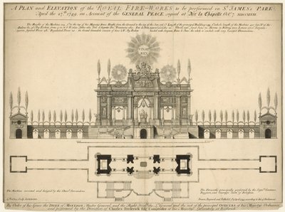 Ein Plan und eine Ansicht des königlichen Feuerwerks, das am 27. April 1749 im St James