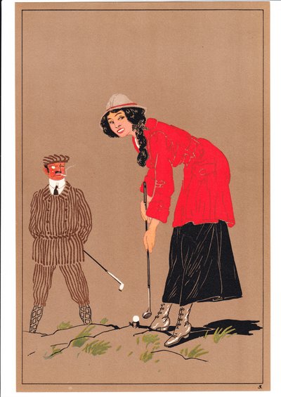 Druck von zwei Golfern in komischen und humorvollen Posen, ca. 1920 von English School