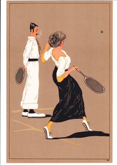 Druck von zwei Tennisspielern in komischen und humorvollen Posen, ca. 1920 von English School