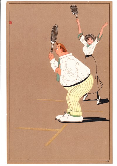 Ein Druck von zwei Tennisspielern in komischen und humorvollen Posen, ca. 1920 von English School