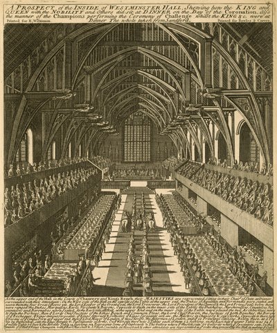 Einblick in die Westminster Hall, wie der König und die Königin mit dem Adel und anderen am Krönungstag zu Tisch saßen von English School