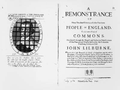 Eine Ermahnung der Levellers an das Unterhaus bezüglich der Inhaftierung ihres Anführers John Lilburne (ca. 1614-57), veröffentlicht 1646 von English School