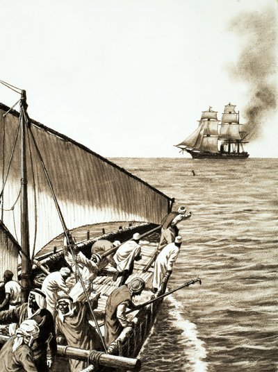 Ein Dampfschiff am Horizont, eine arabische Dhow im Vordergrund von English School