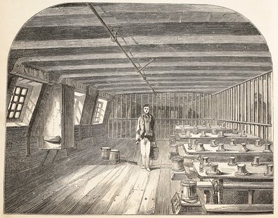 Ein Saal an Bord der Defence-Hulk, vorbereitet für die Rückkehr der Gefangenen zum Abendessen, Illustration aus The Criminal Prisons of London and Scenes from Prison Life von Henry Mayhew und John Binny, veröffentlicht 1862 von English School