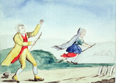 Eine Hexe erschreckt einen Mann mit einem Knüppel, ca. 1790er Jahre von English School