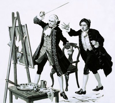 Ein junger Mann zerschlitzte ein unvorteilhaftes Porträt seines Vaters von Hogarth mit einem Schwert von English School