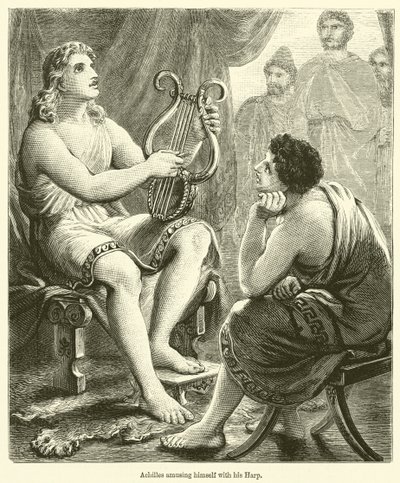Achilles vergnügt sich mit seiner Harfe (Gravur) von English School