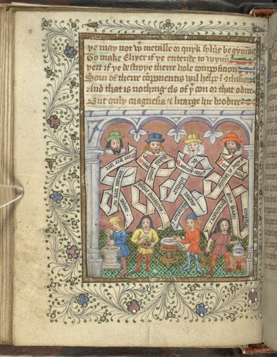 Die Alchemisten Geber, Arnold von Villanova, Rhasis und Hermes Trismegistus, aus 