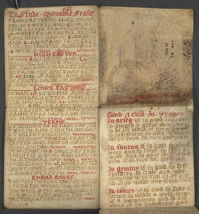 Aus dem Almanach, enthält Tabelle der dominikalen Buchstaben und goldenen Zahlen; Anweisungen zur Bestimmung der beweglichen Feste; Kalender der Heiligen, Epochen, Liste der englischen Herrscher, Wettervorhersagen, Einfluss der Tierkreiszeichen von English School