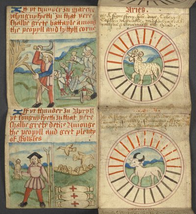 Aries & Taurus, aus Almanach, enthält Tabelle der Sonntagsbuchstaben und goldenen Zahlen; Anweisungen zur Bestimmung der beweglichen Feste; Kalender der Heiligen, Epochen, Liste der englischen Herrscher, Wetterprognosen, Einfluss der Tierkreiszeichen von English School