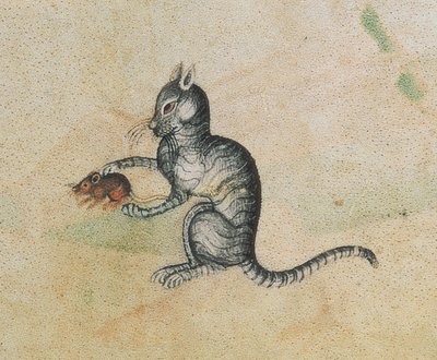 Eine Hauskatze spielt mit einer Maus, aus dem Luttrell Psalter (Detail) von English School