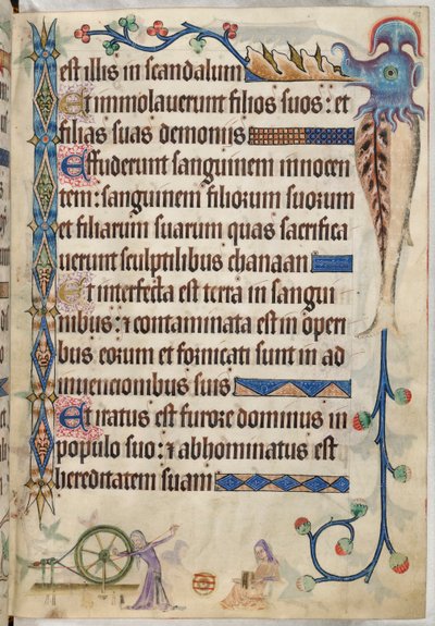 Add. 42130, f.193, Psalm 105, Frauen spinnen und kämmen Wolle, aus dem 