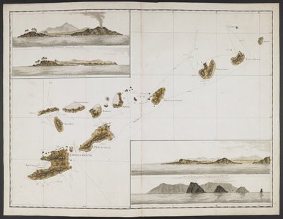 Zweiundzwanzig Karten, Ansichten von Landspitzen usw., aufgenommen während Captain Cooks Reise mit der Resolution durch den Pazifik und den Südlichen Ozean von English School