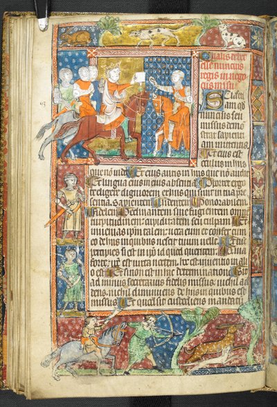 König (Alexander) und Aristoteles übergeben einem Boten einen Brief, aus Secretum Secretorum von English School