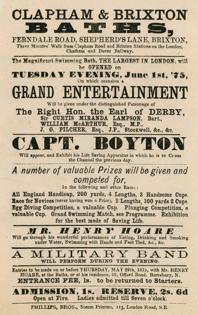 Werbung für Clapham und Brixton Baths, Ferndale Road, Shepherds Lane, Brixton, London; mit Captain Boyton von English School