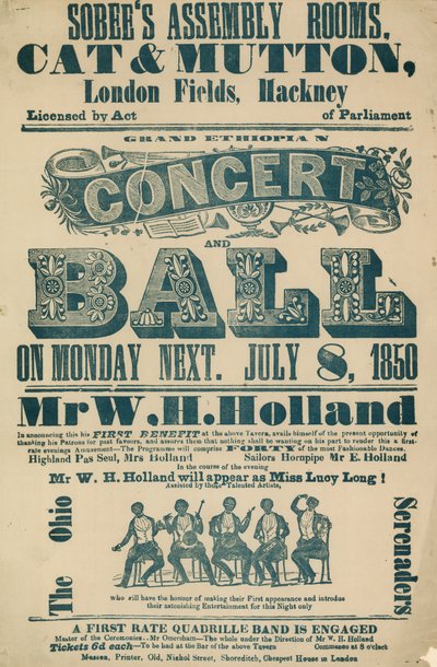 Anzeige für das Grand Ethiopian Concert and Ball, 8. Juli 1850, in Sobees Assembly Rooms von English School