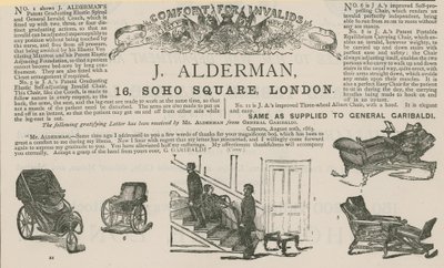 Werbung für J Alderman, Hersteller von Invalidenwagen von English School