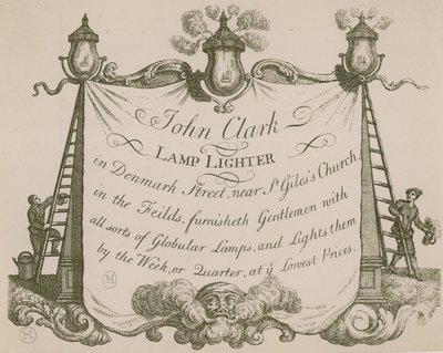 Werbung für John Clarke, Lampenanzünder, Denmark Street, London von English School