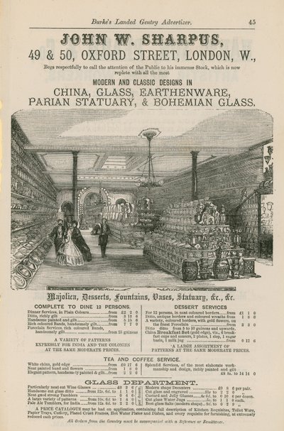 Werbung für John W. Sharpus, moderne und klassische Designs in Porzellan, Glas, Steingut, Parian-Statuen und böhmischem Glas von English School