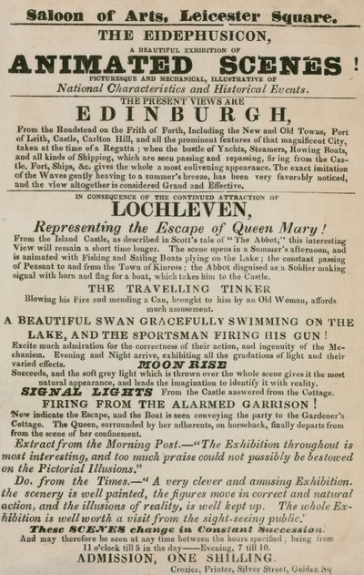 Werbung für das Eidephusicon, eine Ausstellung animierter Szenen, malerisch und mechanisch von English School