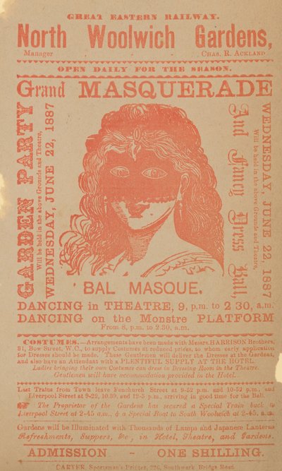 Werbung für eine Gartenparty und einen großen Maskenball von English School